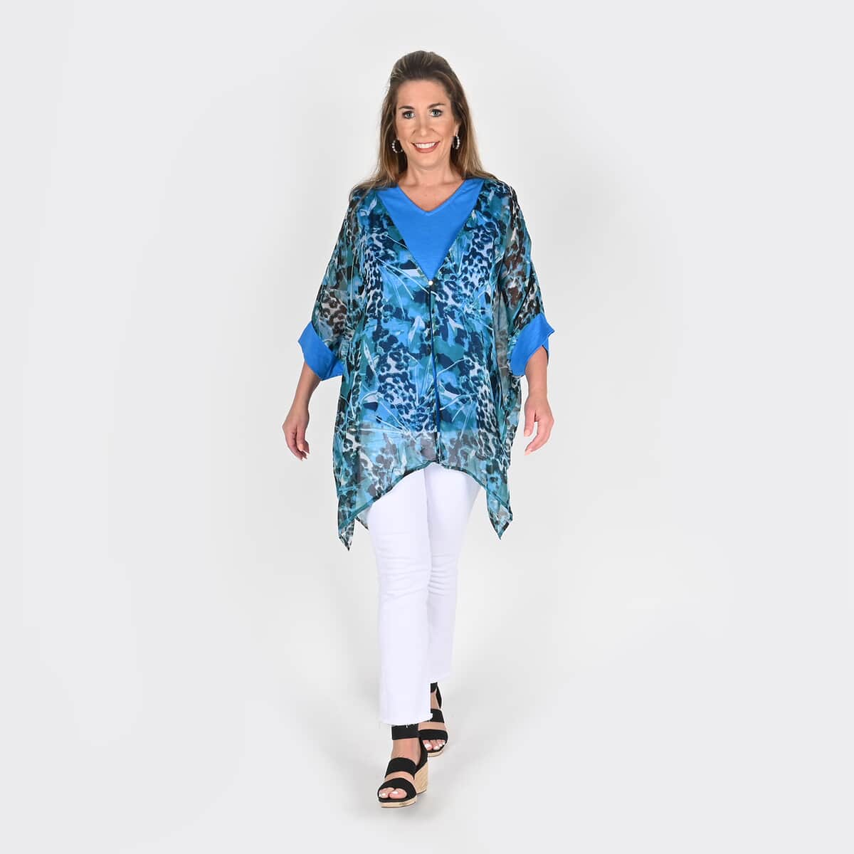 Tamsy Blue Color Chiffon Overlay Top - 2X image number 0