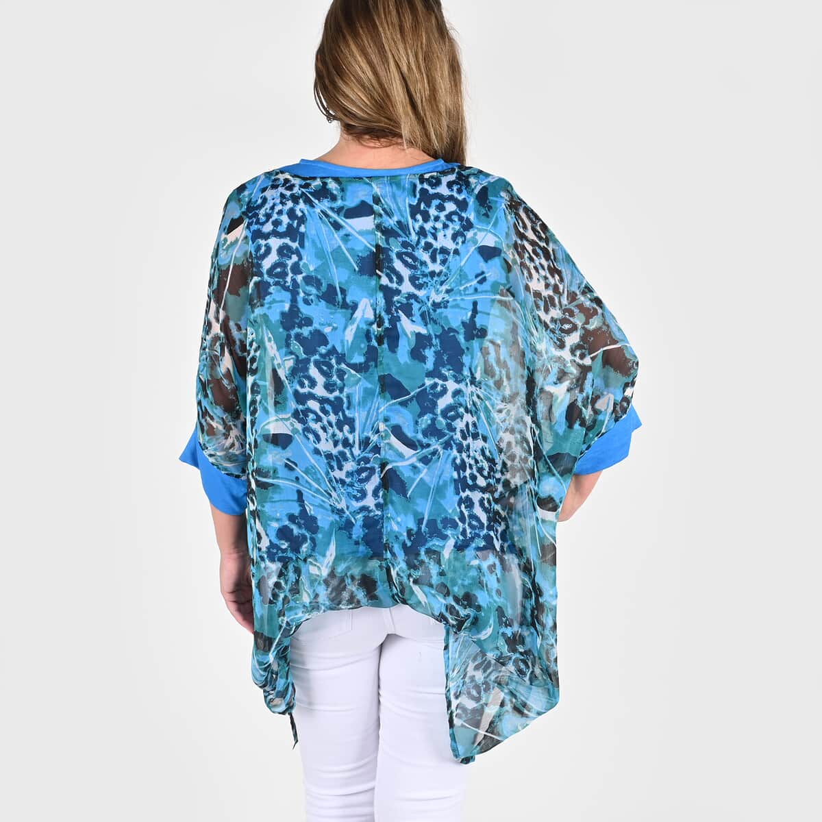 Tamsy Blue Color Chiffon Overlay Top - 2X image number 1