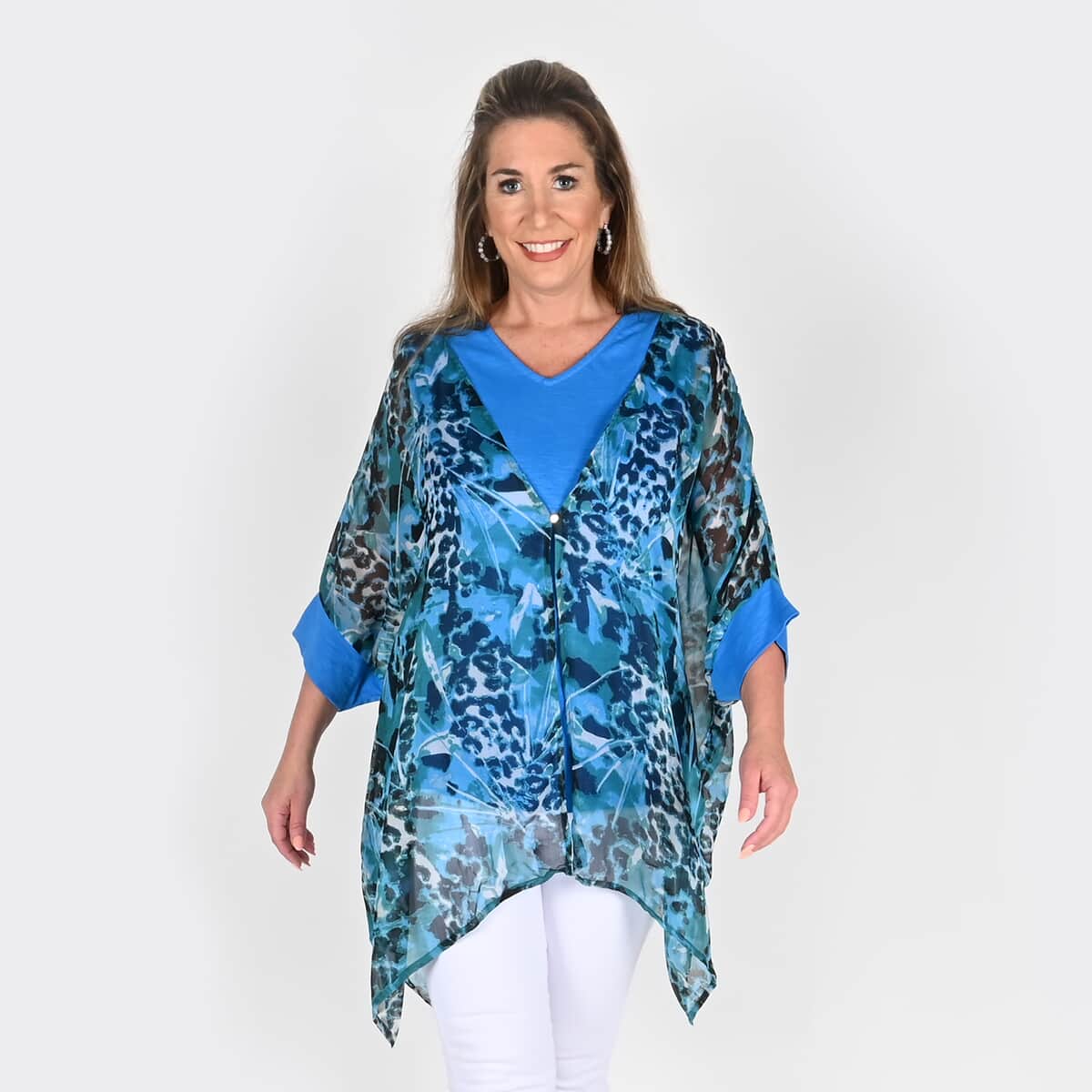 Tamsy Blue Color Chiffon Overlay Top - 2X image number 3