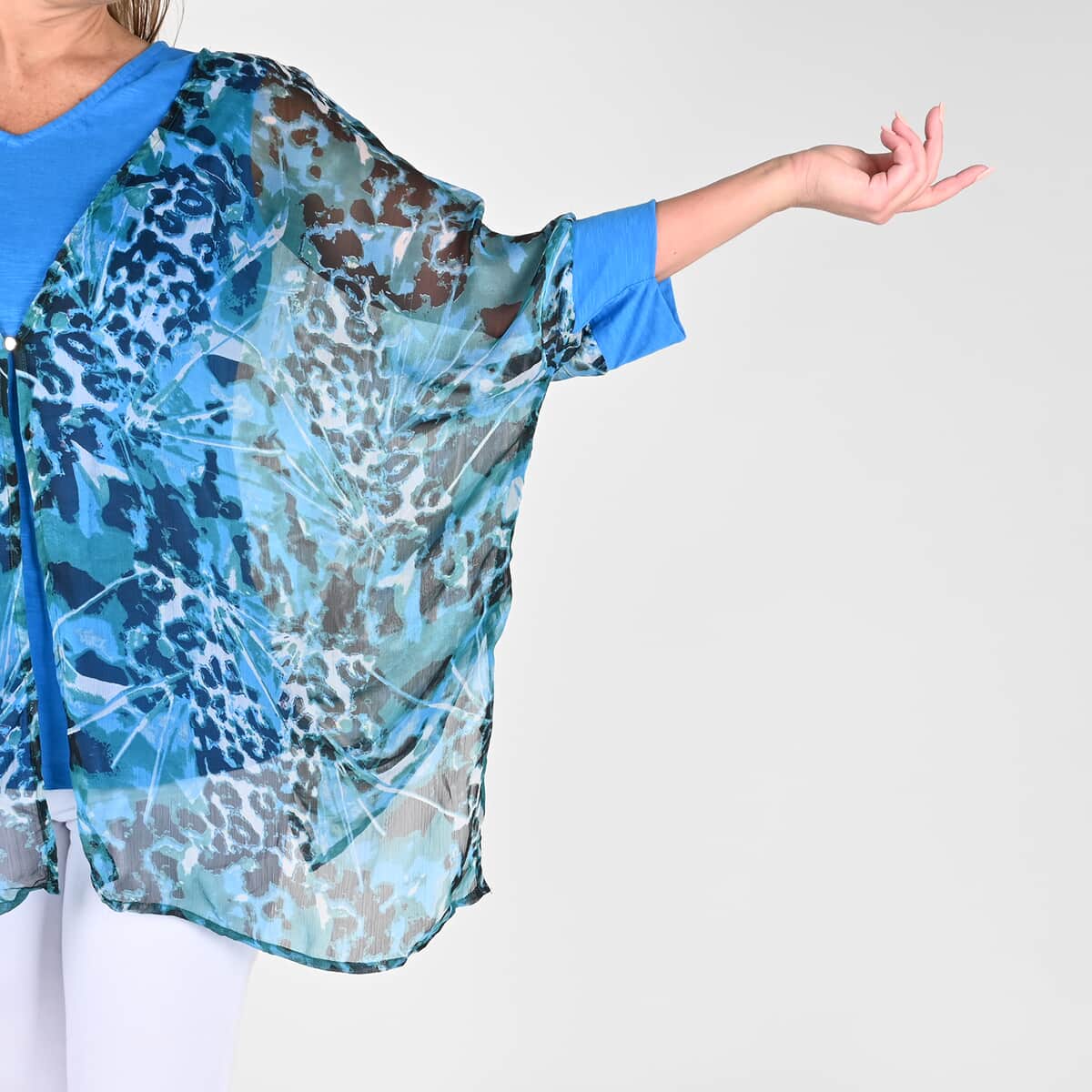 Tamsy Blue Color Chiffon Overlay Top - 2X image number 4