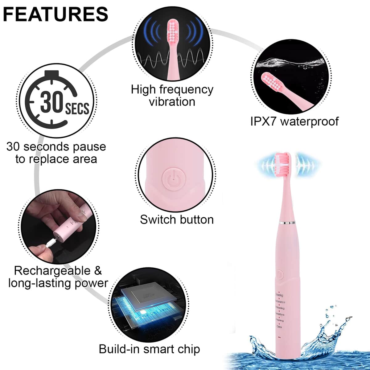 Pink Electric Toothbrush with 4 Replaceable Brush Heads image number 2