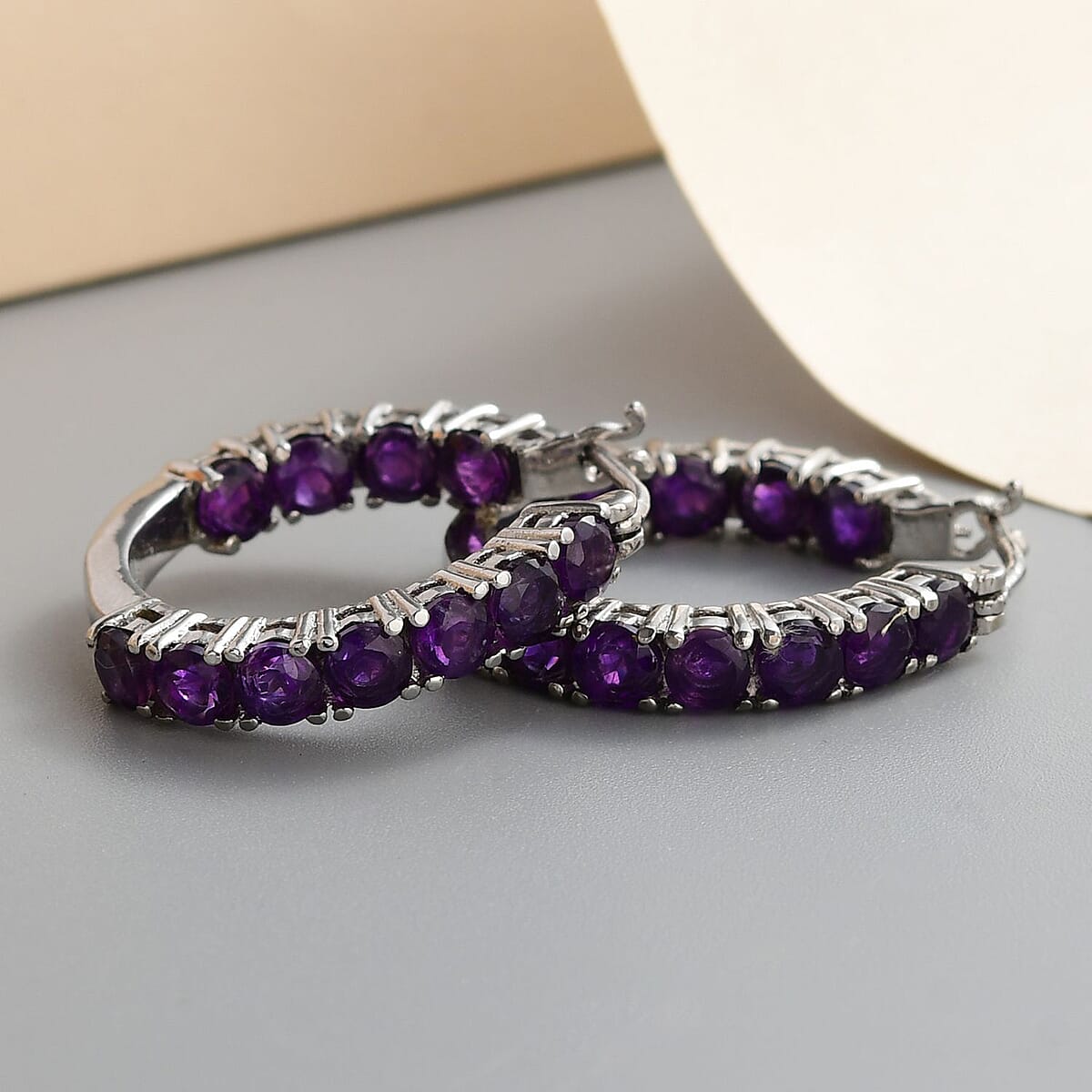 Amethyst Hoop Earrings in Stainless Steel 5.25 ctw , Tarnish-Free, Waterproof, Sweat Proof Jewelry image number 1