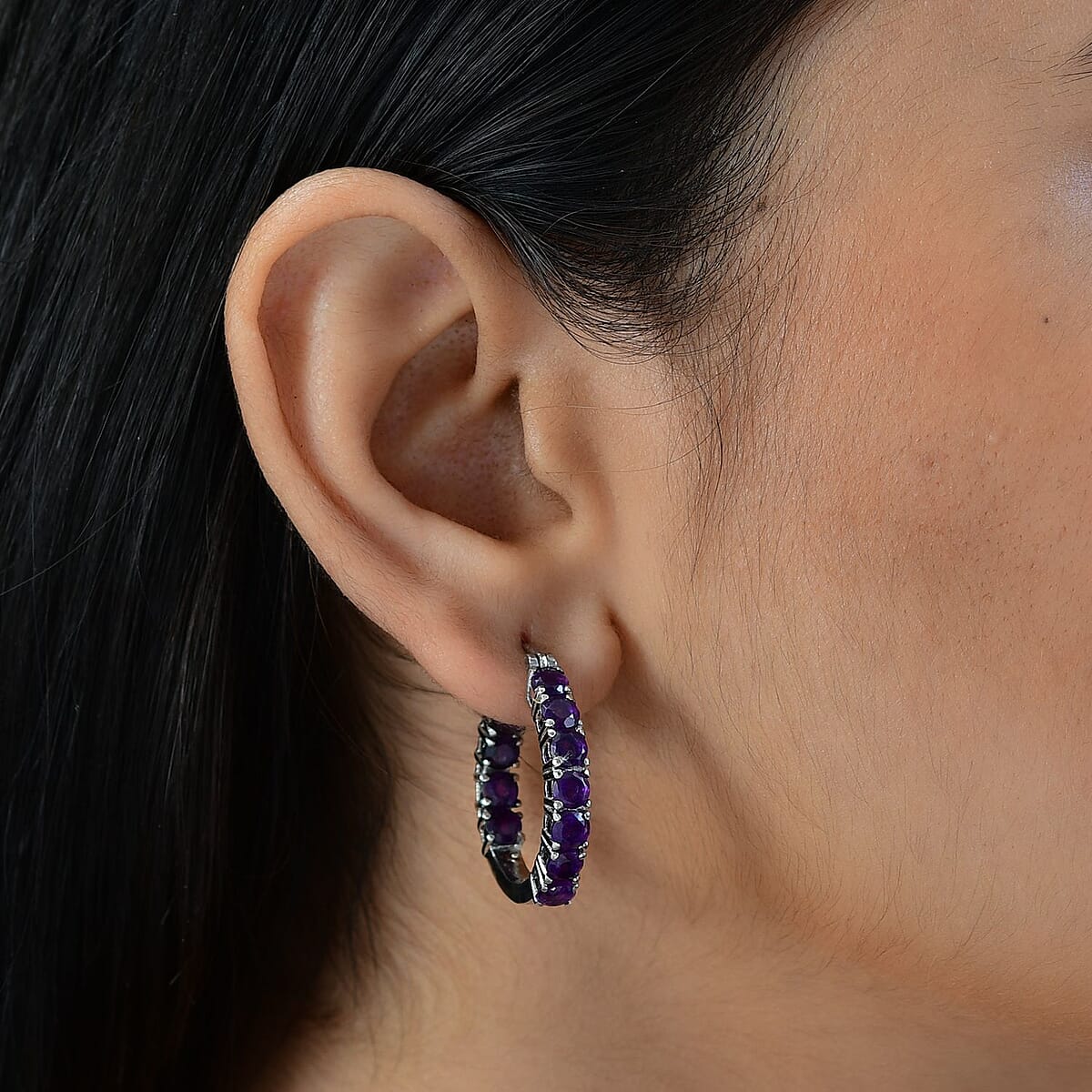 Amethyst Hoop Earrings in Stainless Steel 5.25 ctw , Tarnish-Free, Waterproof, Sweat Proof Jewelry image number 2