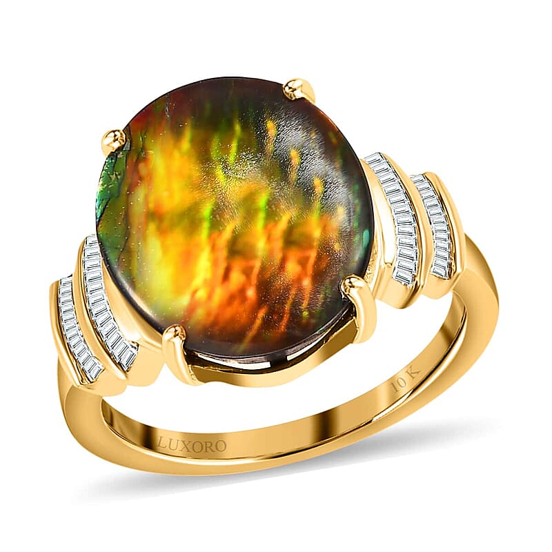 Luxoro 10K Yellow Gold Canadian Ammolite and Diamond Ring (Size 10.0) 0.15 ctw
