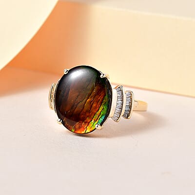 Luxoro 10K Yellow Gold Canadian Ammolite and Diamond Ring (Size 10.0) 0.15 ctw