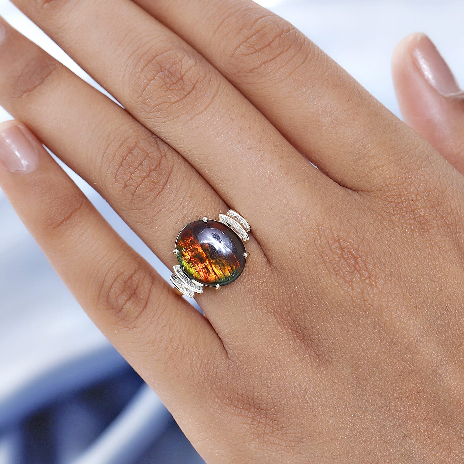Luxoro 10K Yellow Gold Canadian Ammolite and Diamond Ring (Size 10.0) 0.15 ctw