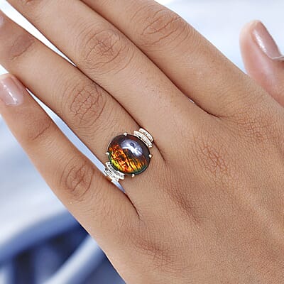 Luxoro 10K Yellow Gold Canadian Ammolite and Diamond Ring (Size 10.0) 0.15 ctw