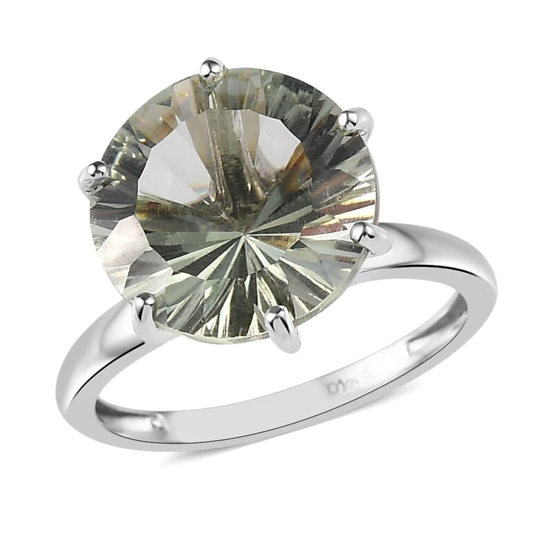 AAA Concave Cut Montezuma Prasiolite Solitaire Ring in Platinum Over Sterling Silver (Size 10.0) 5.50 ctw