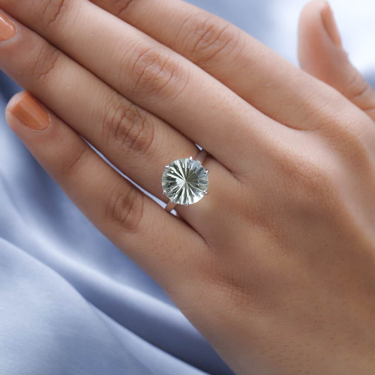 AAA Concave Cut Montezuma Prasiolite Solitaire Ring in Platinum Over Sterling Silver 5.50 ctw image number 2