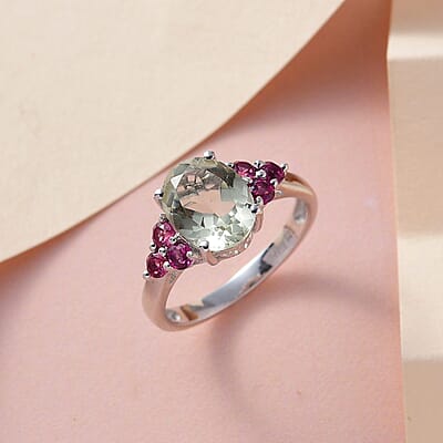 AAA Montezuma Prasiolite and Orissa Rhodolite Garnet Ring in Platinum Over Sterling Silver (Size 10.0) 2.90 ctw