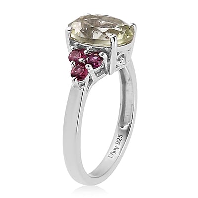 AAA Montezuma Prasiolite and Orissa Rhodolite Garnet Ring in Platinum Over Sterling Silver (Size 10.0) 2.90 ctw