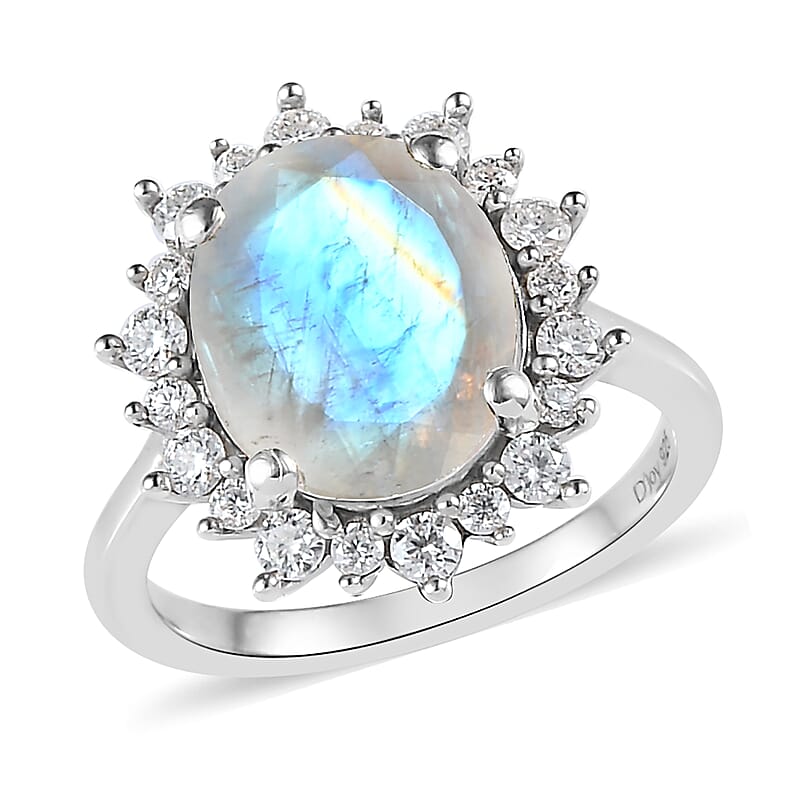 Moon Glow Moonstone and Moissanite Sunburst Ring in Platinum Over Sterling Silver (Size 10.0) 4.00 ctw