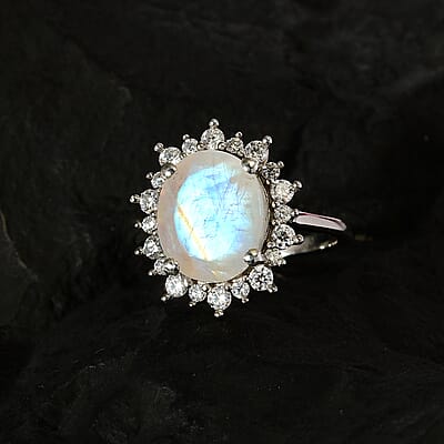 Moon Glow Moonstone and Moissanite Sunburst Ring in Platinum Over Sterling Silver (Size 10.0) 4.00 ctw