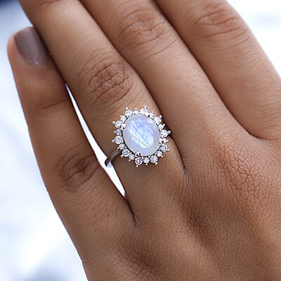 Moon Glow Moonstone and Moissanite Sunburst Ring in Platinum Over Sterling Silver (Size 10.0) 4.00 ctw