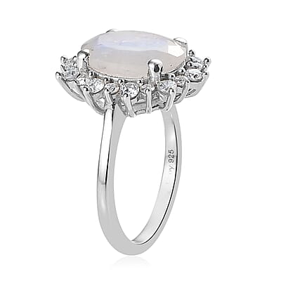 Moon Glow Moonstone and Moissanite Sunburst Ring in Platinum Over Sterling Silver (Size 10.0) 4.00 ctw