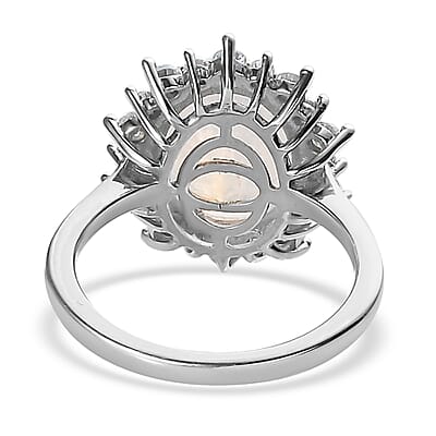 Moon Glow Moonstone and Moissanite Sunburst Ring in Platinum Over Sterling Silver (Size 10.0) 4.00 ctw