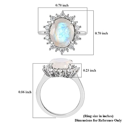 Moon Glow Moonstone and Moissanite Sunburst Ring in Platinum Over Sterling Silver (Size 10.0) 4.00 ctw