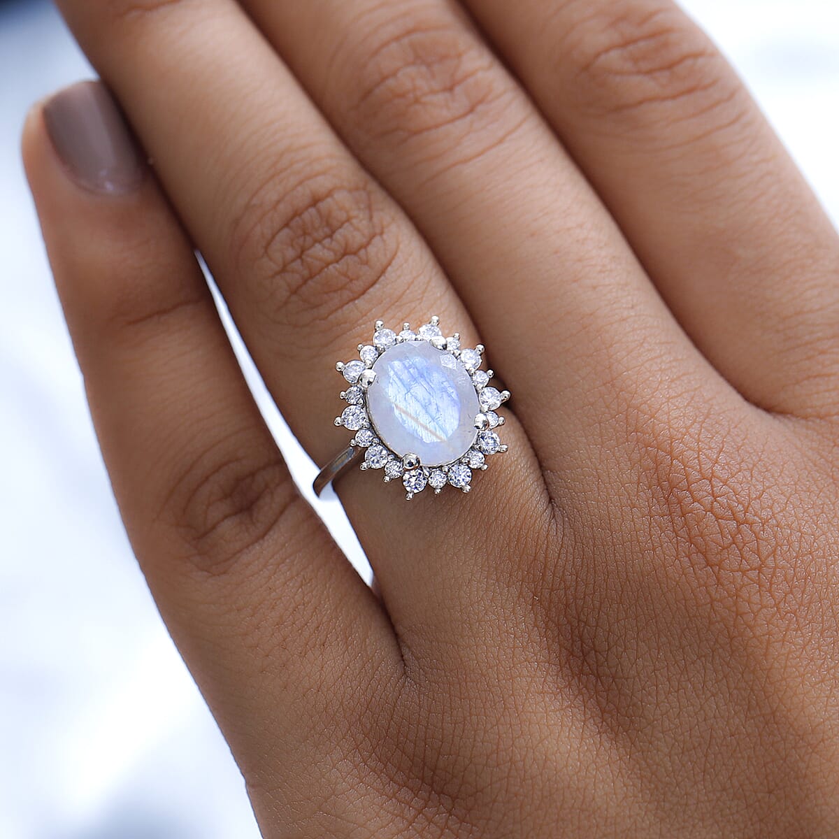 Premium Rainbow Moonstone and Moissanite Sunburst Ring in Platinum Over Sterling Silver (Size 7.0) 4.00 ctw image number 2