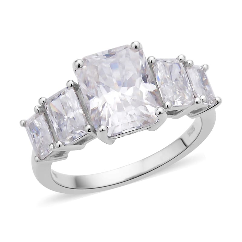 Radiant Cut Moissanite 5 Stone Ring in Rhodium Over Sterling Silver (Size 10.0) 5.00 ctw
