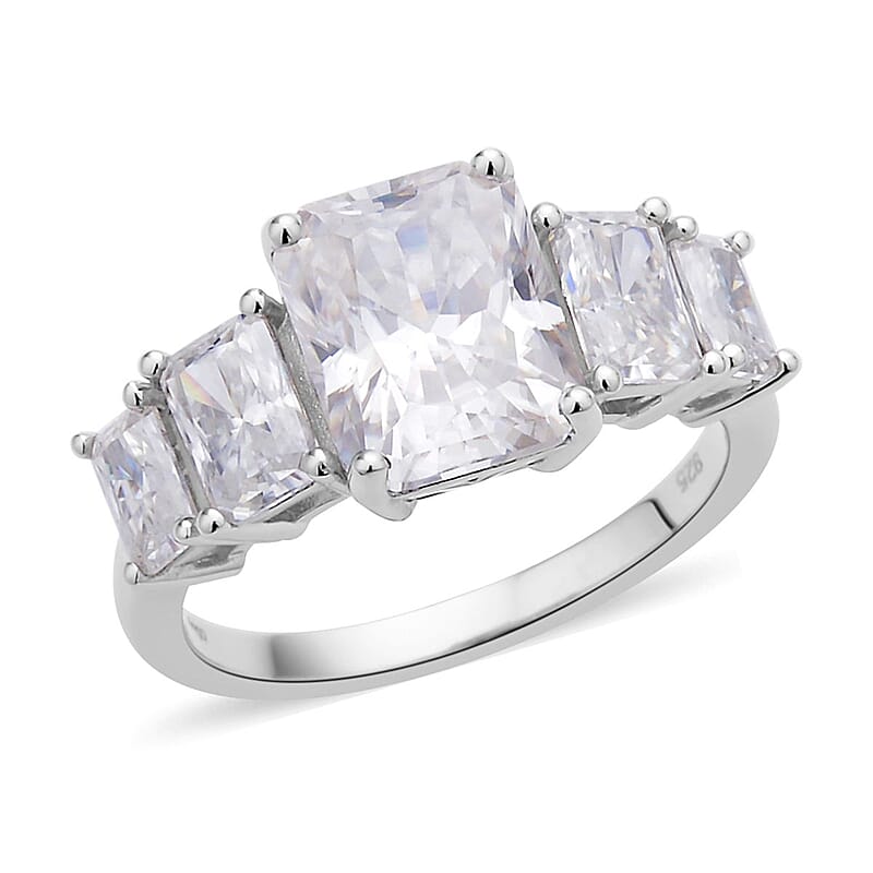Radiant Cut Moissanite 5 Stone Ring in Rhodium Over Sterling Silver (Size 10.0) 5.00 ctw