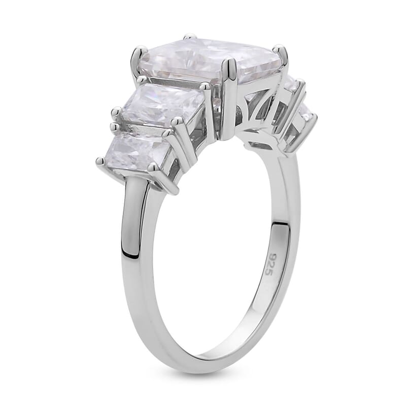 Radiant Cut Moissanite 5 Stone Ring in Rhodium Over Sterling Silver (Size 10.0) 5.00 ctw