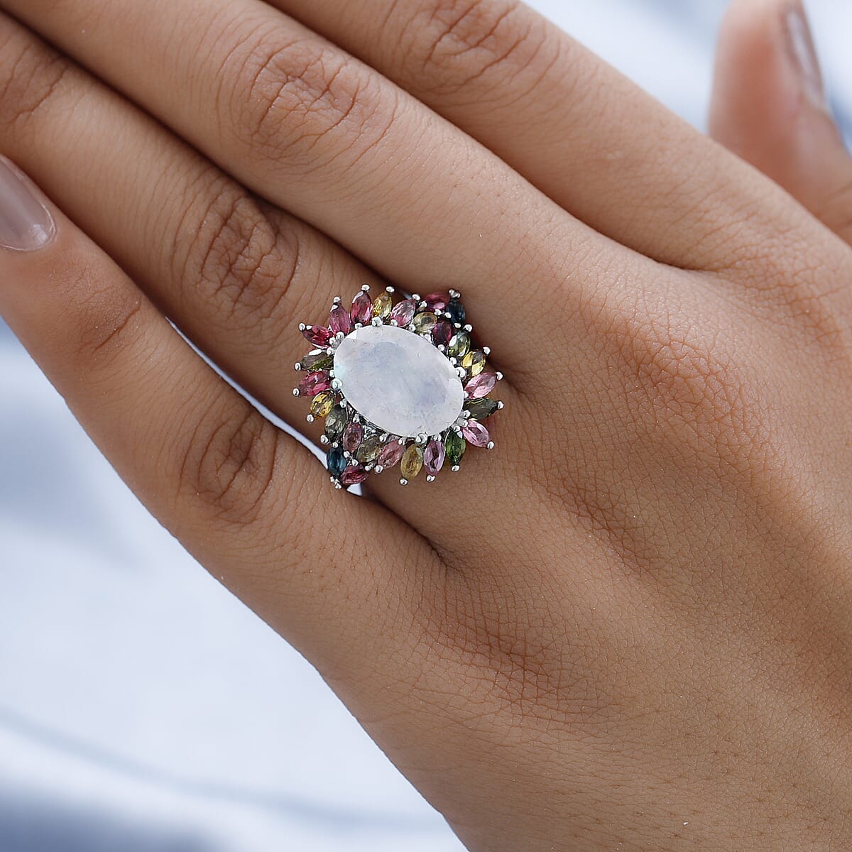 Premium Rainbow Moonstone and Multi-Tourmaline Floral Ring in Platinum Over Sterling Silver (Size 10.0) 8.50 ctw image number 2
