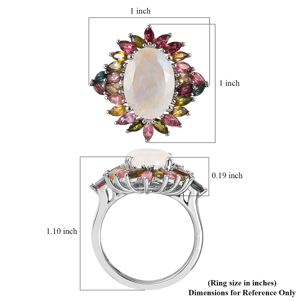 Premium Rainbow Moonstone and Multi-Tourmaline Floral Ring in Platinum Over Sterling Silver (Size 10.0) 8.50 ctw image number 5