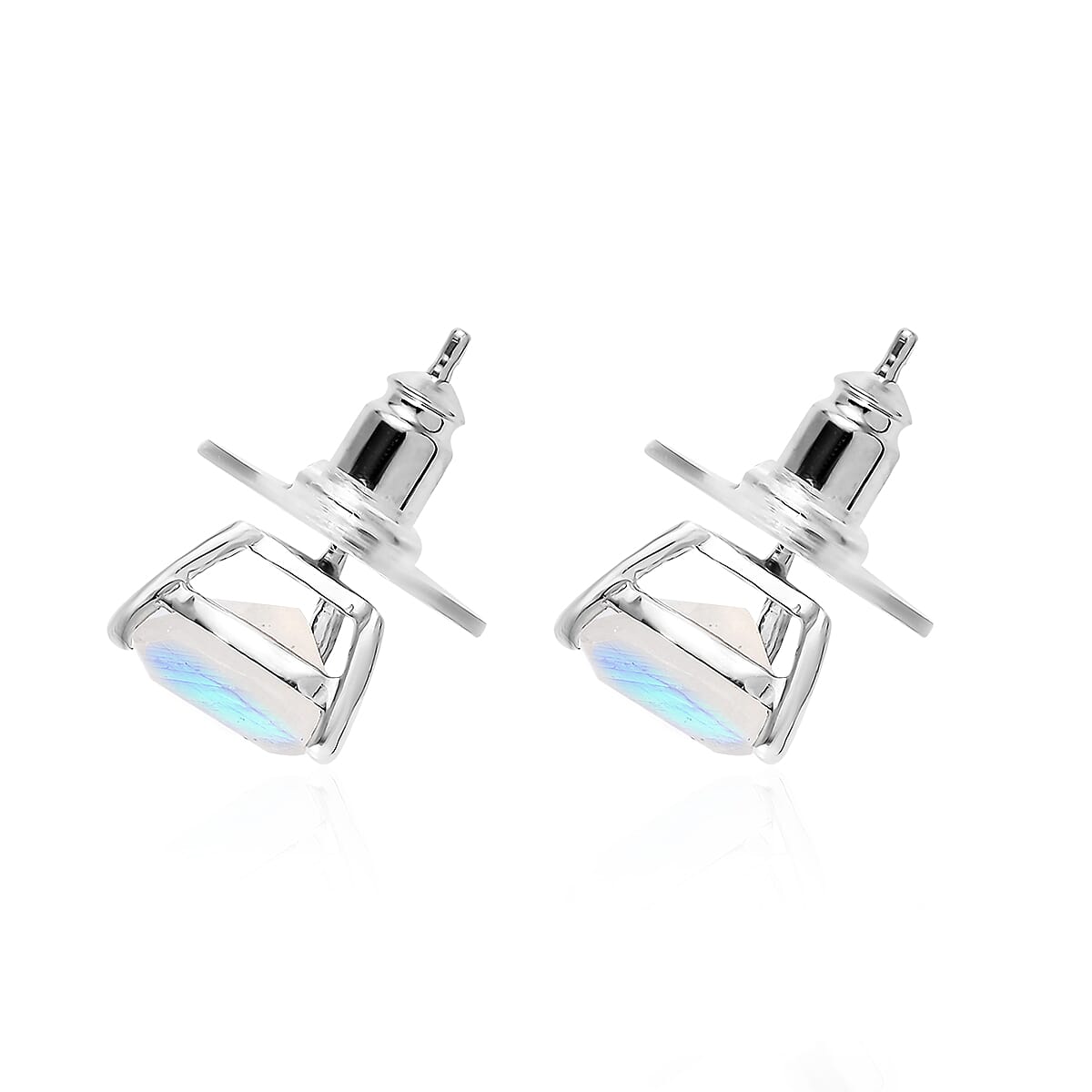 Premium Rainbow Moonstone Solitaire Stud Earrings in Platinum Over Sterling Silver 3.50 ctw image number 3