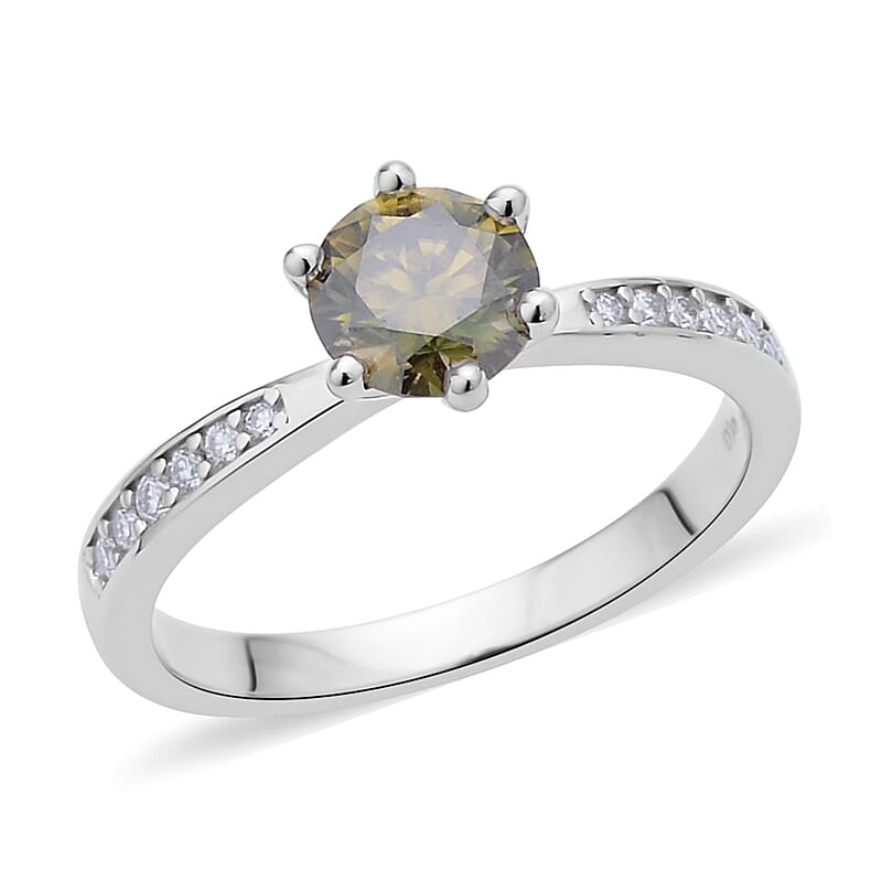 Olive Green and White Moissanite Ring in Rhodium Over Sterling Silver (Size 10.0) 1.15 ctw
