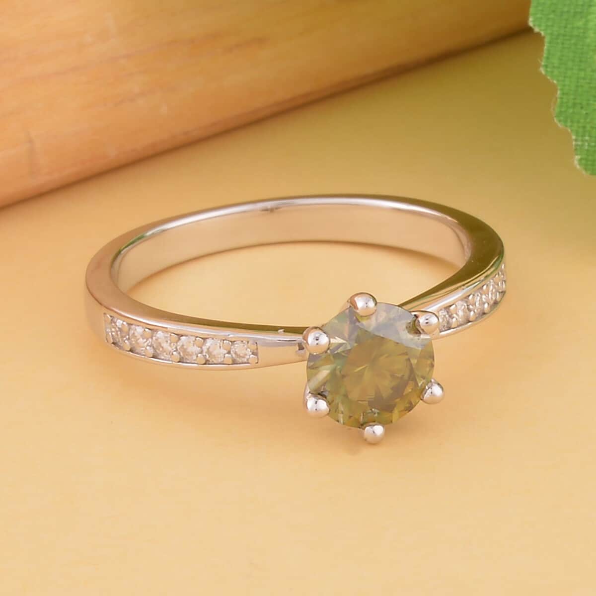 Olive Green and White Moissanite Ring in Rhodium Over Sterling Silver (Size 10.0) 1.15 ctw image number 1