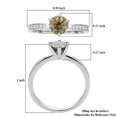 Olive Green and White Moissanite Ring in Rhodium Over Sterling Silver (Size 10.0) 1.15 ctw