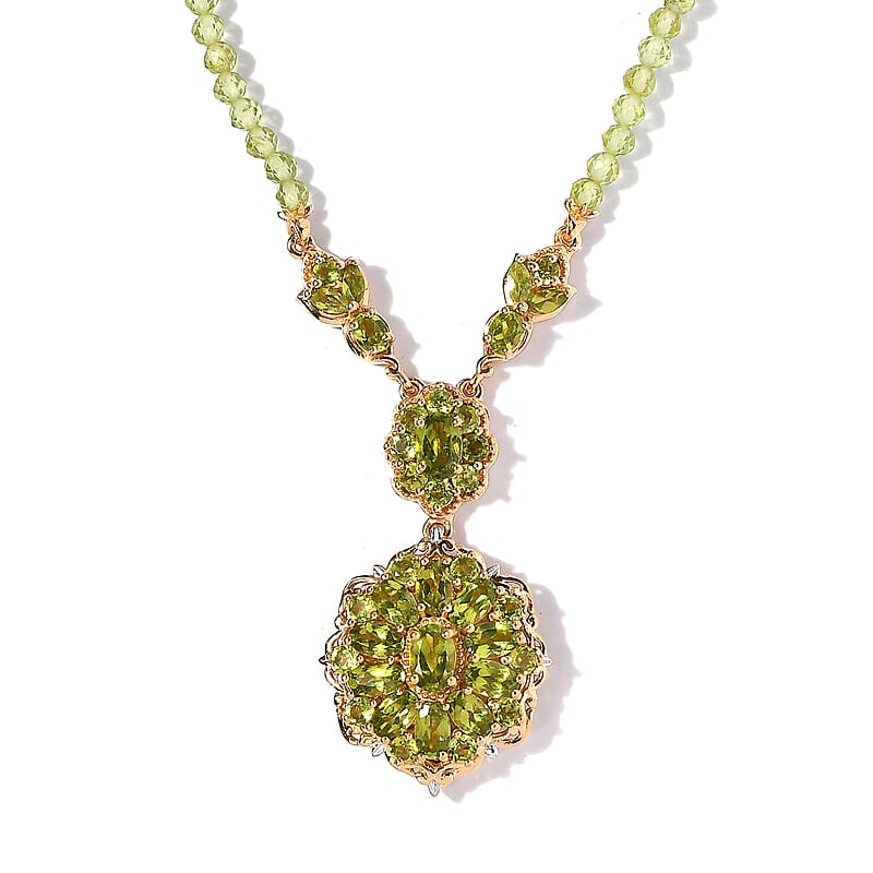 Italian Natural Vesuvianite and Peridot Necklace 18 Inches in Platinum and Vermeil Yellow Gold Over Sterling Silver 34.10 ctw