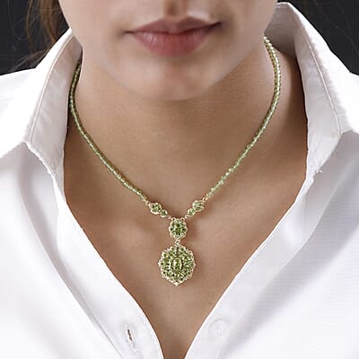 Italian Natural Vesuvianite and Peridot Necklace 18 Inches in Platinum and Vermeil Yellow Gold Over Sterling Silver 34.10 ctw