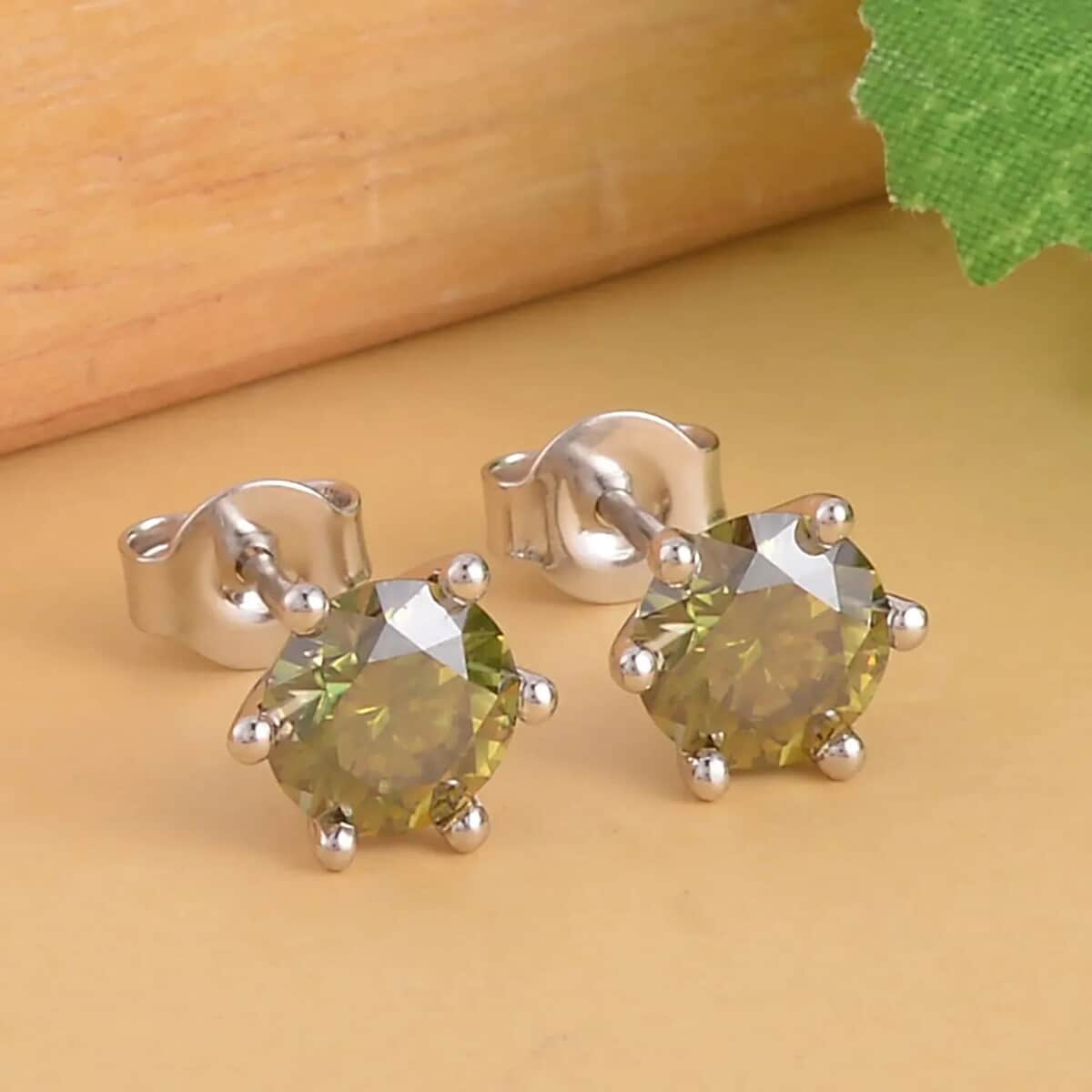 Olive Green Moissanite Earrings, Moissanite Solitaire Studs, Sterling Silver Studs, Moissanite Studs 1.90 ctw image number 1