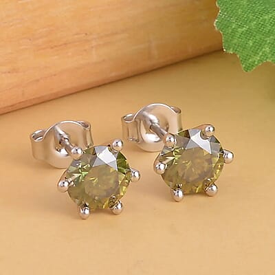 Olive Green Moissanite 1.90 ctw Earrings, Moissanite Solitaire Studs, Sterling Silver Studs, Moissanite Studs