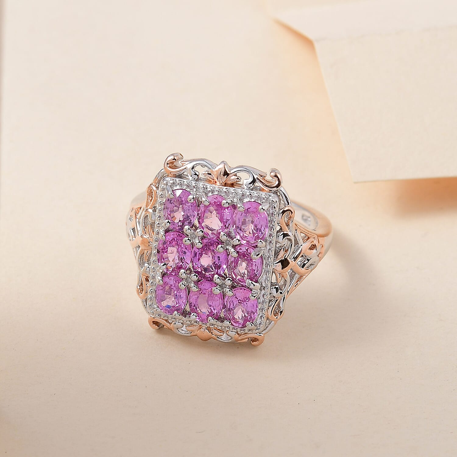 Premium Madagascar Pink Sapphire Cluster Ring in Vermeil Rose Gold and Platinum Over Sterling Silver (Size 10.0) 2.85 ctw