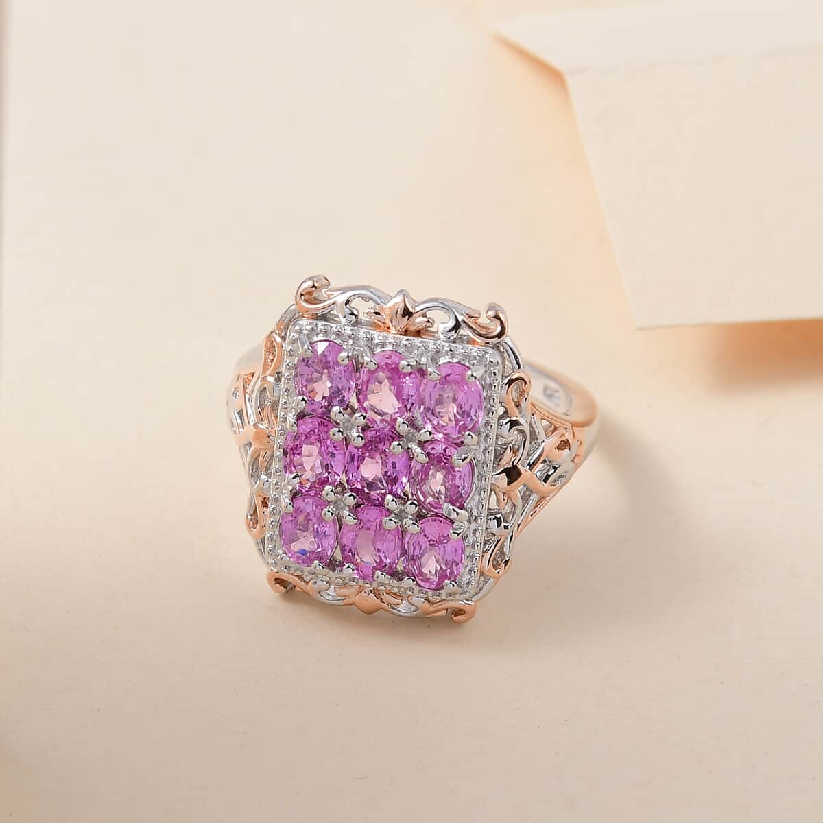 Premium Madagascar Pink Sapphire Cluster Ring in Vermeil Rose Gold and Platinum Over Sterling Silver (Size 10.0) 2.85 ctw (Delivery in 5-7 Business Days) image number 1