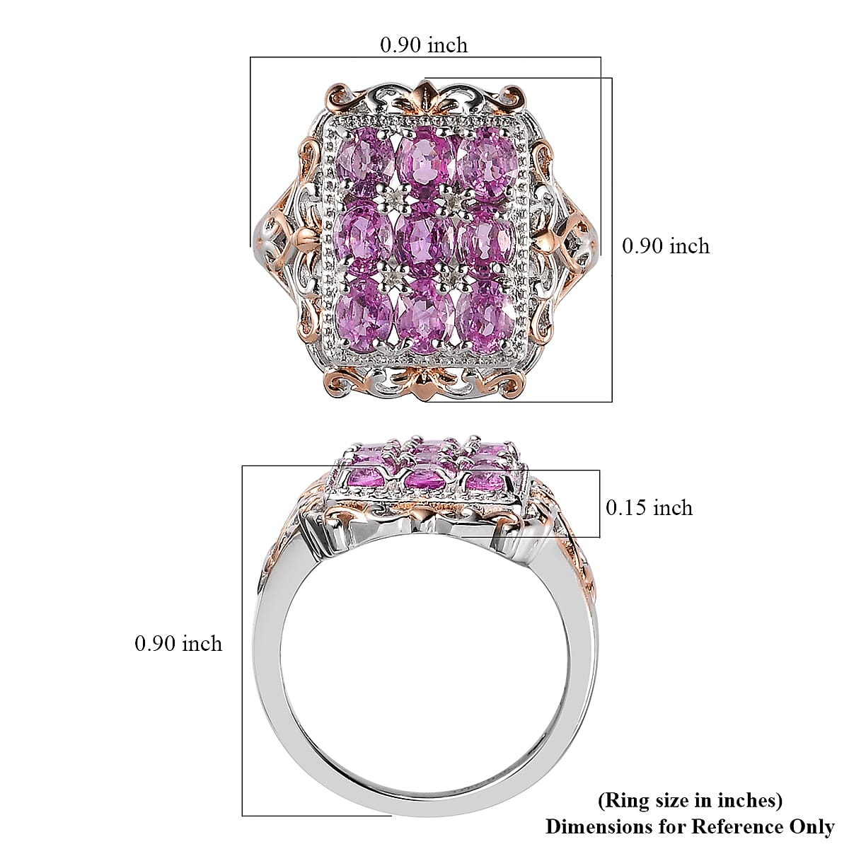 Premium Madagascar Pink Sapphire Cluster Ring in Vermeil Rose Gold and Platinum Over Sterling Silver (Size 6.0) 2.85 ctw