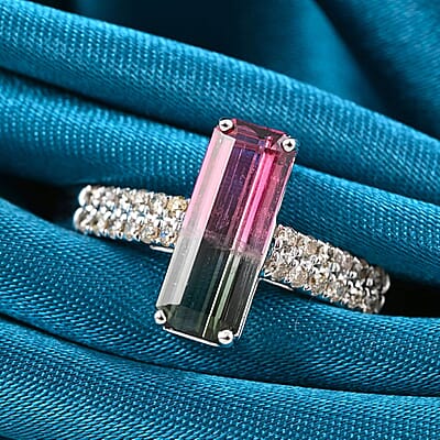 Certified & Appraised Luxoro 14K White Gold AAA Bi-Color Tourmaline and G-H I2 Diamond Ring (Size 10.0) 1.78 ctw