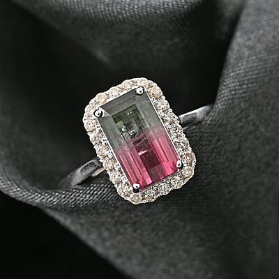 Certified & Appraised Luxoro 14K White Gold AAA Bi-Color Tourmaline and G-H I2 Diamond Halo Ring (Size 10.0) 1.70 ctw