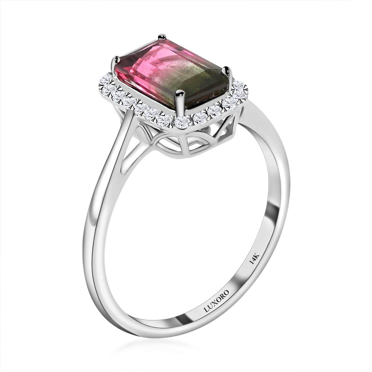 Certified and Appraised LUXORO 14K White Gold AAA Bi-Color Tourmaline and G-H I2 Diamond Halo Ring 2.30 Grams 1.69 ctw image number 3