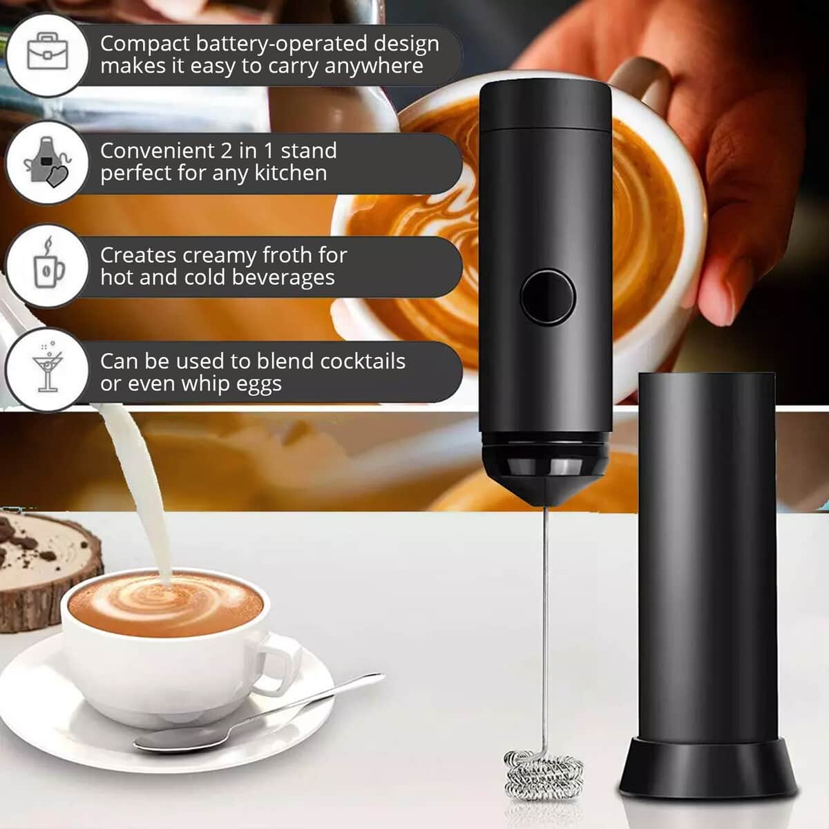 Battery-powered Black Milk Frother With Stand For Coffee, Milk And