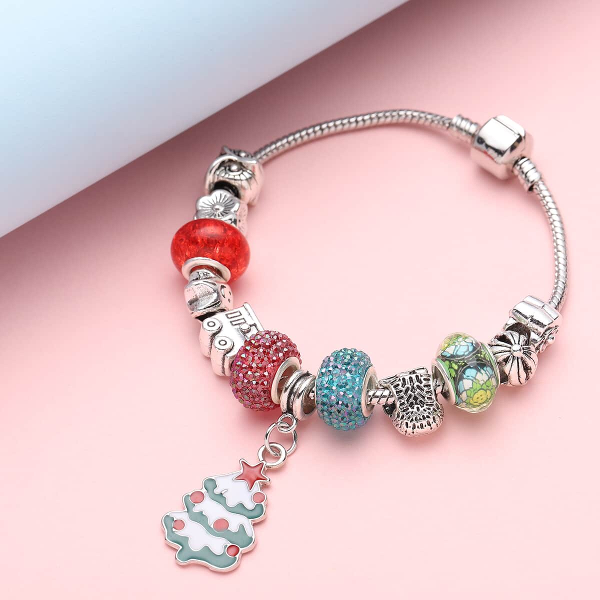 Multi Color Austrian Crystal, Resin Multi Charm Bracelet in Silvertone (7.50 In) image number 1