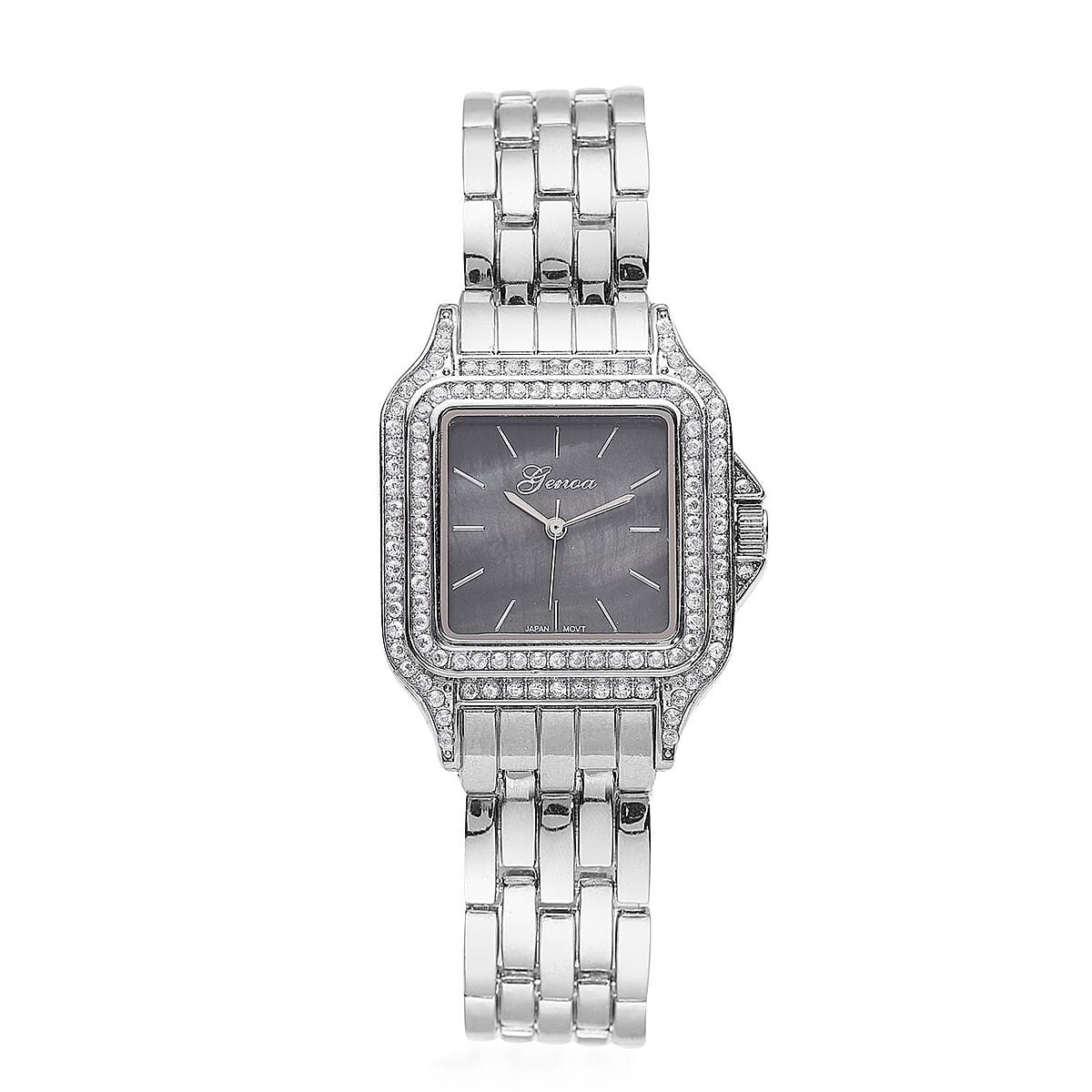 GENOA Simulated Diamond Miyota Japanese Movement Black MOP Dial Watch in Silvertone Strap (33.27mm) (6.0-7.75 Inch) 1.75 ctw image number 0