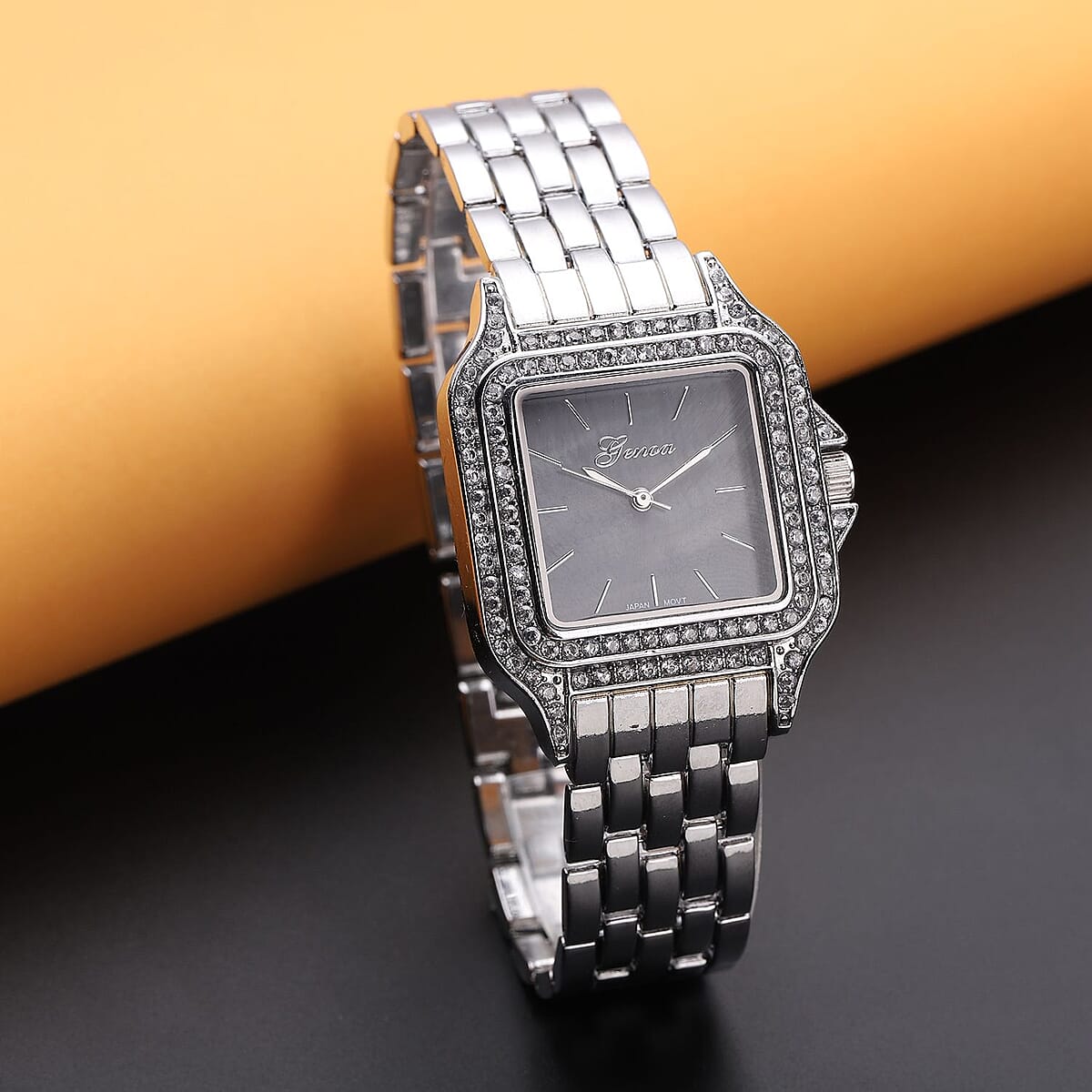 GENOA Simulated Diamond Miyota Japanese Movement Black MOP Dial Watch in Silvertone Strap (33.27mm) (6.0-7.75 Inch) 1.75 ctw image number 1
