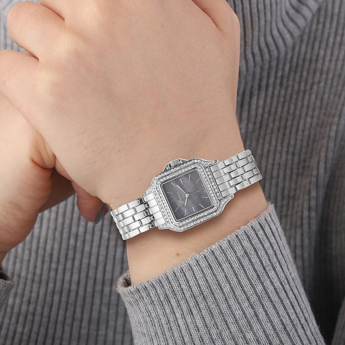 GENOA Simulated Diamond Miyota Japanese Movement Black MOP Dial Watch in Silvertone Strap (33.27mm) (6.0-7.75 Inch) 1.75 ctw image number 2