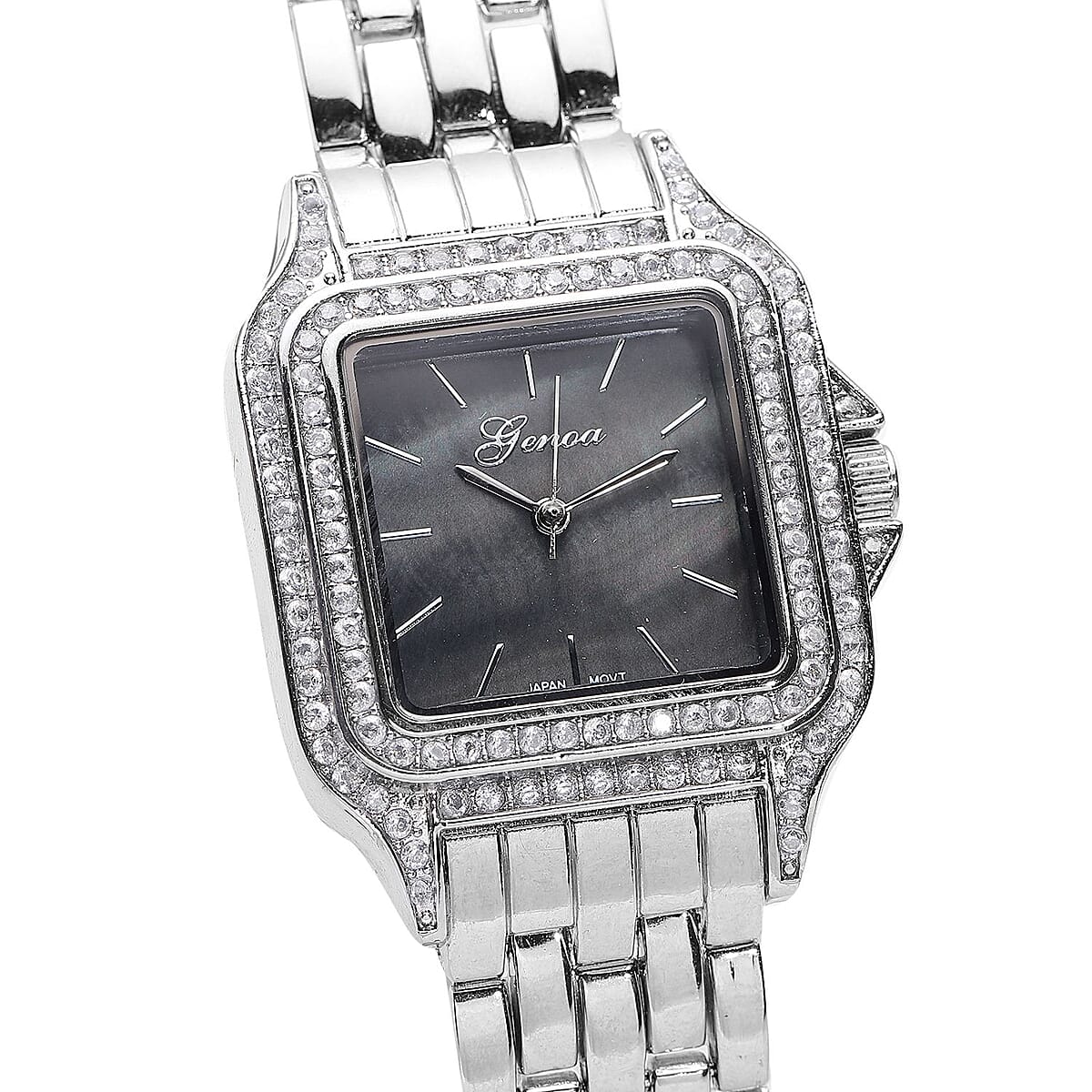 GENOA Simulated Diamond Miyota Japanese Movement Black MOP Dial Watch in Silvertone Strap (33.27mm) (6.0-7.75 Inch) 1.75 ctw image number 3
