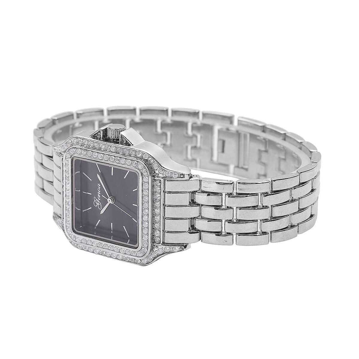 GENOA Simulated Diamond Miyota Japanese Movement Black MOP Dial Watch in Silvertone Strap (33.27mm) (6.0-7.75 Inch) 1.75 ctw image number 4