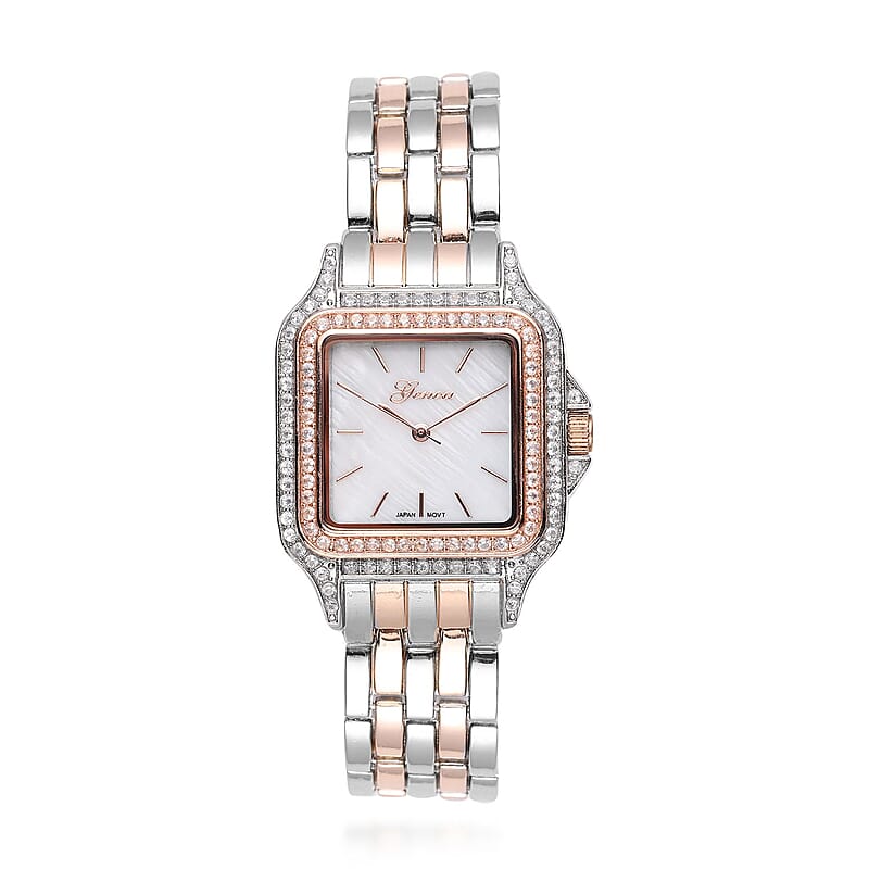 Genoa Simulated Diamond Miyota Japanese Movement White MOP Dial Watch in Dualtone Strap (33.27mm) (6.0-7.75 Inch) 1.75 ctw