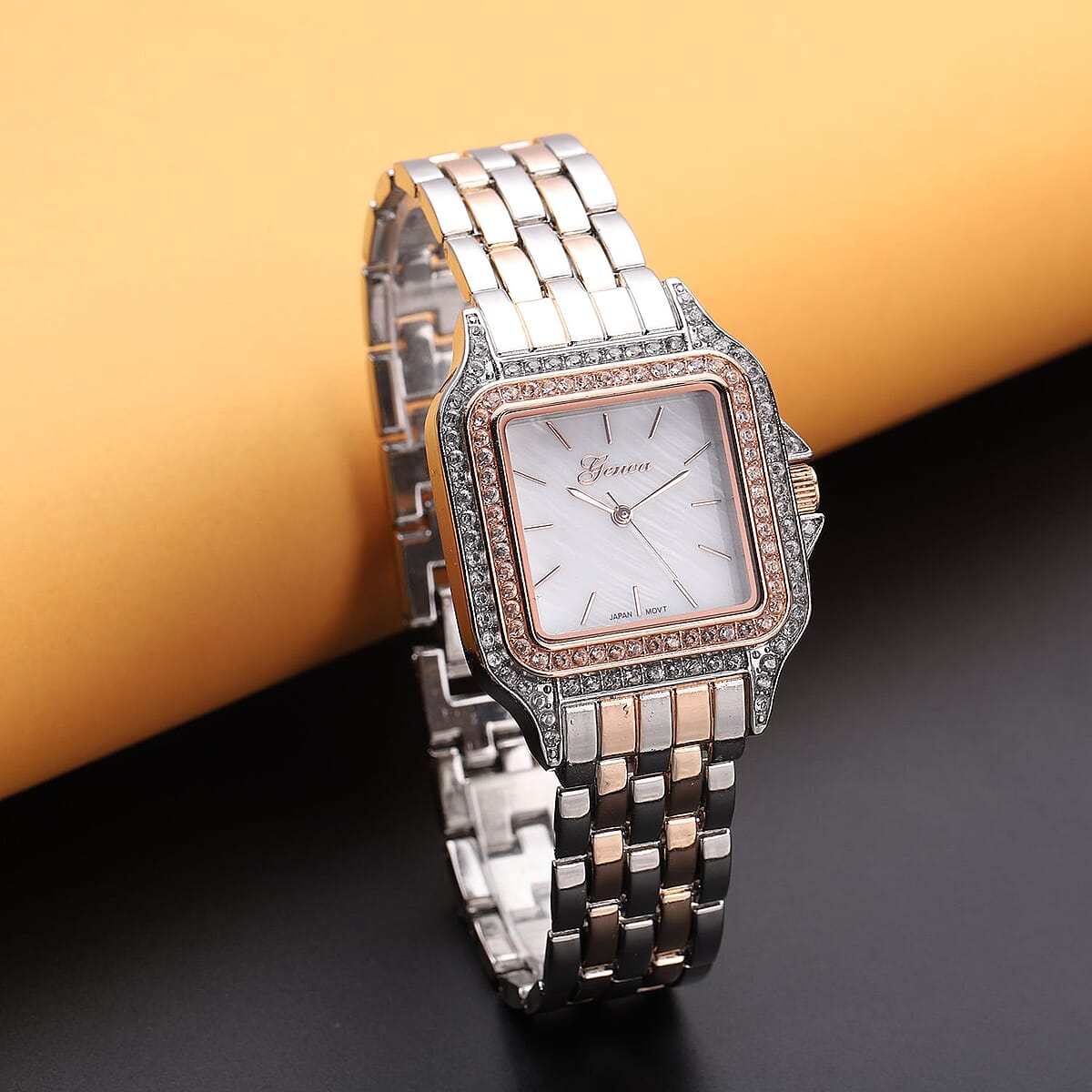 Genoa Simulated Diamond Miyota Japanese Movement White MOP Dial Watch in Dualtone Strap (33.27mm) (6.0-7.75 Inch) 1.75 ctw image number 1